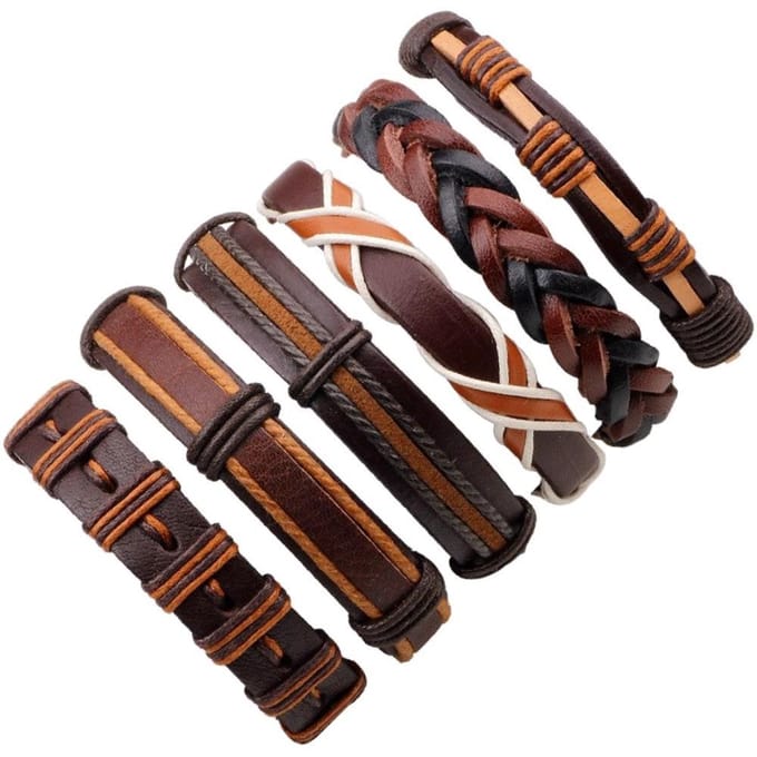 Fako Bijoux® - Leren Armband - Leder - Set Deluxe - 6 Stuks - Bruin Combi