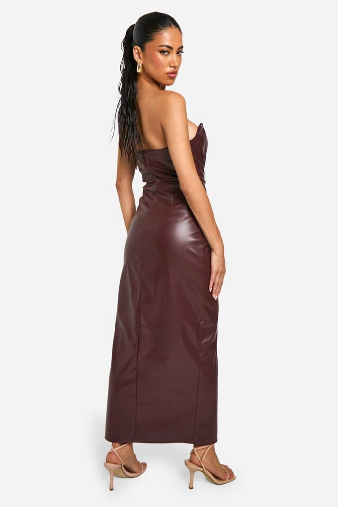 boohoo Dames Kunstleren Korset Midaxi-jurk | Chocoladebruin | Maat: 36