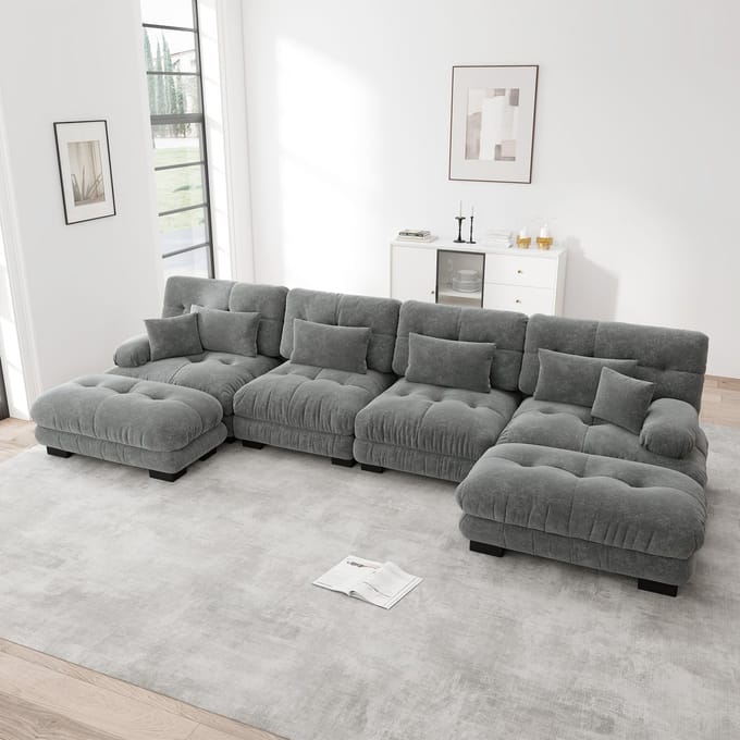 MODFU Modulaire Bank - Verplaatsbare Ottoman - Diepe Zitting - Moderne Stijl - Voor Woonkamer - Chenille - Grijs