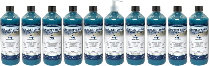 Handzeep Crème Eucalyptus 500 ml - set van 10 stuks - met gratis pomp - Voordeelverpakking