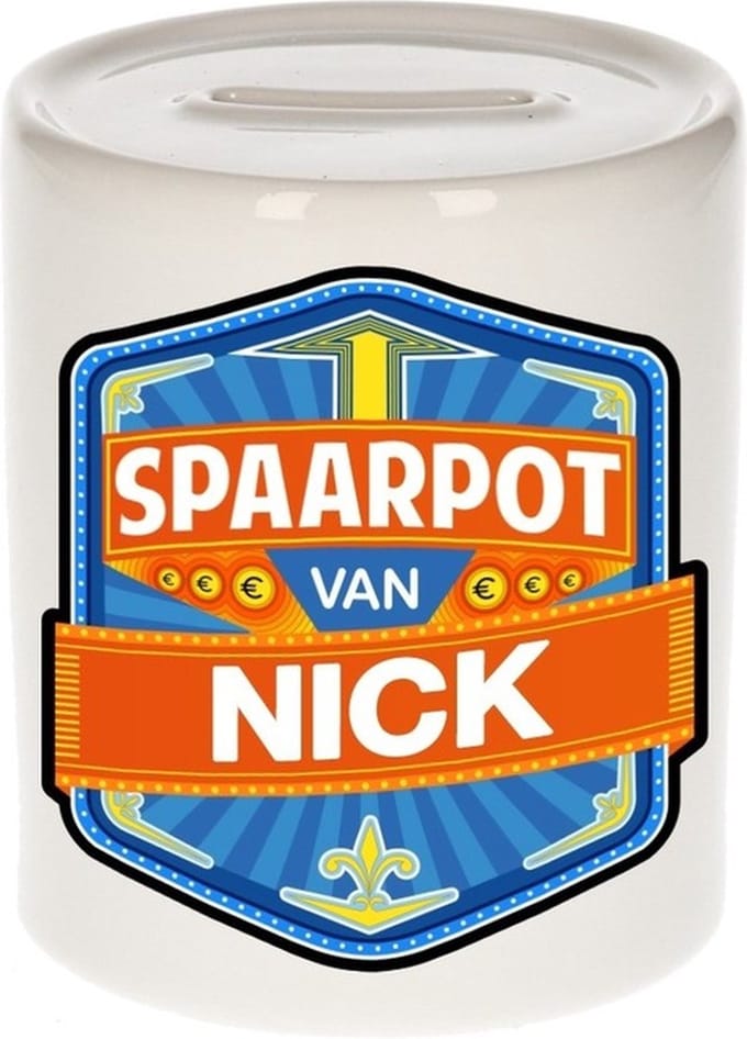 Bellatio Decorations Kinder spaarpot met naam - Nick - keramiek - met dop - wit - Sparen - Spaargeld van Nick