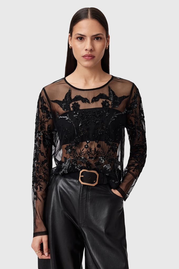 AllSaints Greta Emb Top Black Taglia: 12 | Magliette intime Outlet | Donna | Nero