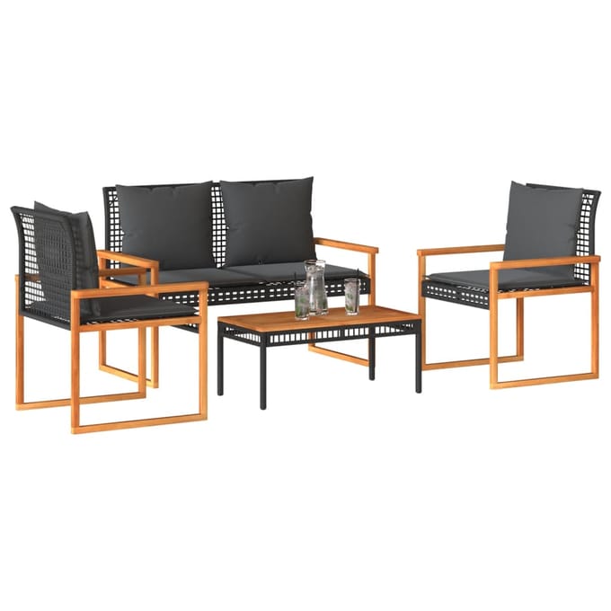 vidaXL - 4-delige - Loungeset - met - kussens - poly - rattan - zwart