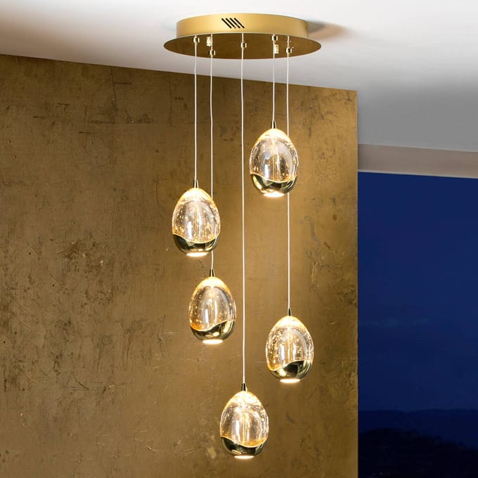 Schuller Valencia Hanglamp Rocio, 5-lamps, rond, metaal, glas, goud