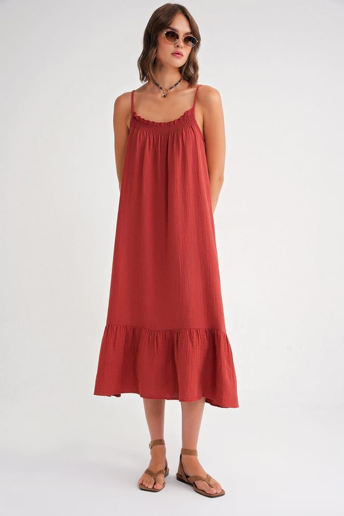 Midi Musselin Jurk met Rimpeldetails