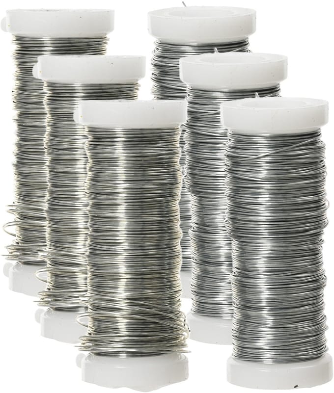 Decoris Binddraad/wikkeldraad - 6x rolletjes - zilver - 30 m x 0,3 mm - hobbydraad/bloemendraad