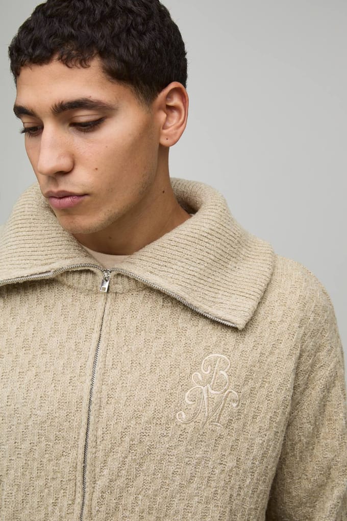 Regular Fit 1/4 Zip Funnel Neck Embroidered Knitted Sweatshirt | Taupe | Size Medium
