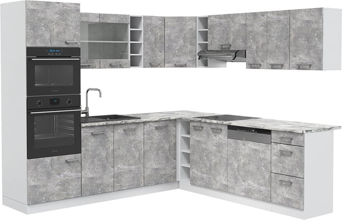 Vicco Hoekkeuken R-Line, Beton/Wit, 247 x 237 cm, WB Marmer