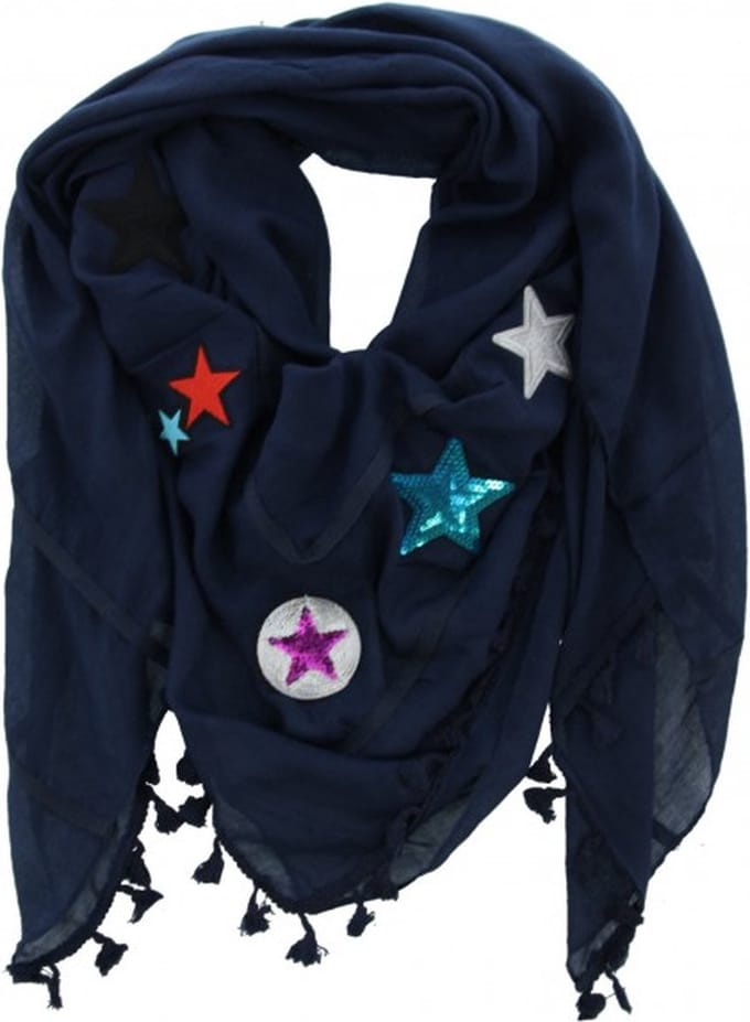 Dielay - Hippe sjaal Blauw flosjes - patches sterren sieraden - 140x140 cm