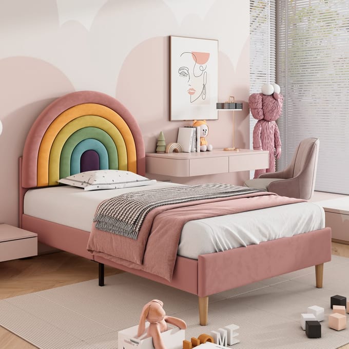 Eenpersoonsbed - 90x200 cm - Gestoffeerd Bed - Verstelbaar Hoofdbord - Fluweel - Roze