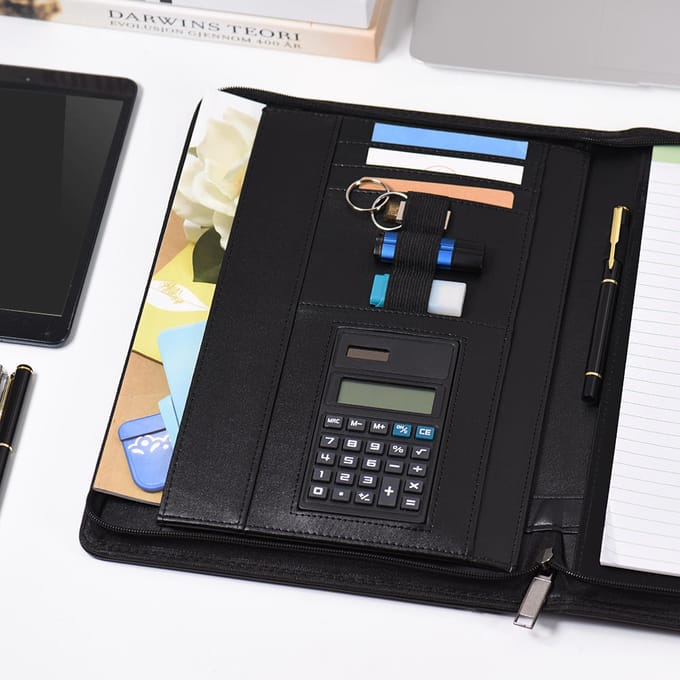 A4 PU-lederen zakelijke portfoliomap met ritssluiting, organizer + rekenmachine black