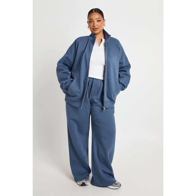 boohoo Dames Plus Dubbele Rits Trechter Hals Sweatshirt Trainingspak | Navy | Maat: 24