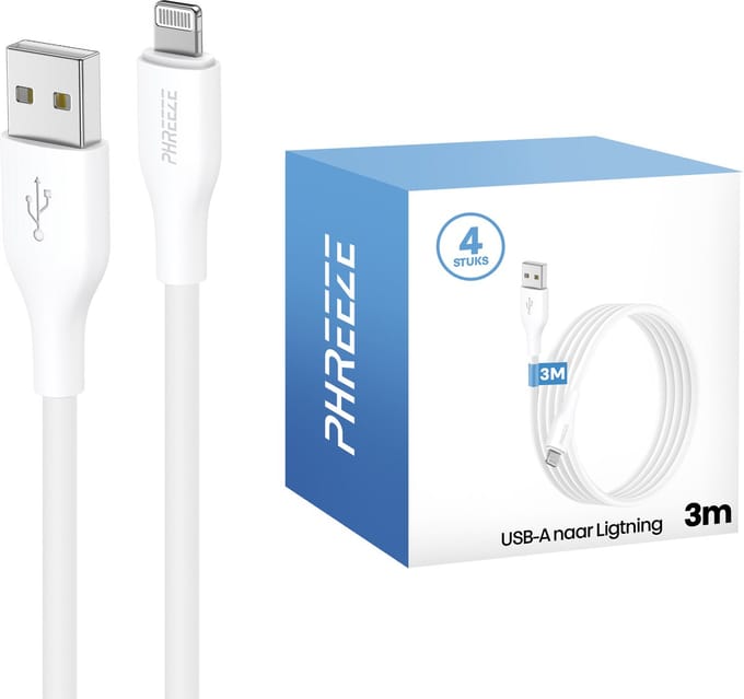 Laadsnoer geschikt voor iPhone - 4 pack - 3 meter - Wit - Geschikt voor usb Lightning - Oplaadkabel