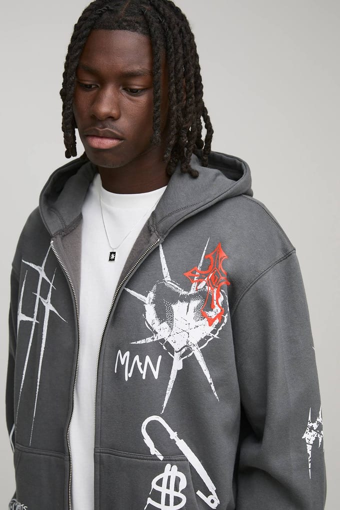 Charcoal oversized hoodie met ritssluiting en graffiti-tatoeageprint | Size Medium