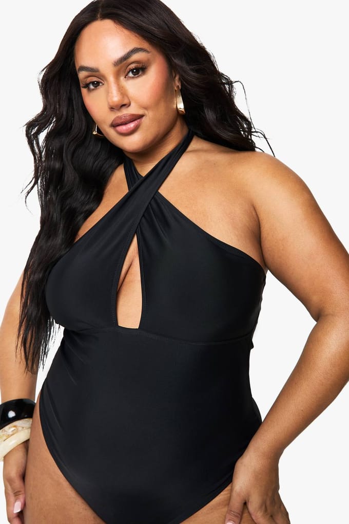 boohoo Dames Plus Buikcontrole Cross Over Badpak | Zwart | Maat: 56