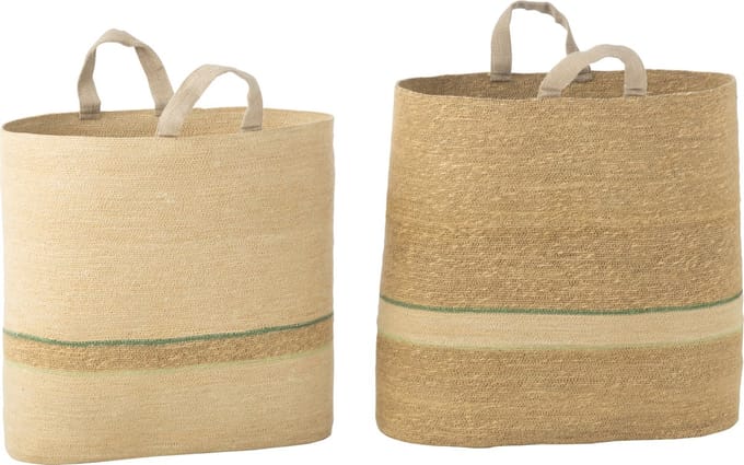 J-Line mand strepen + handvat - naturel/groen - 2 stuks