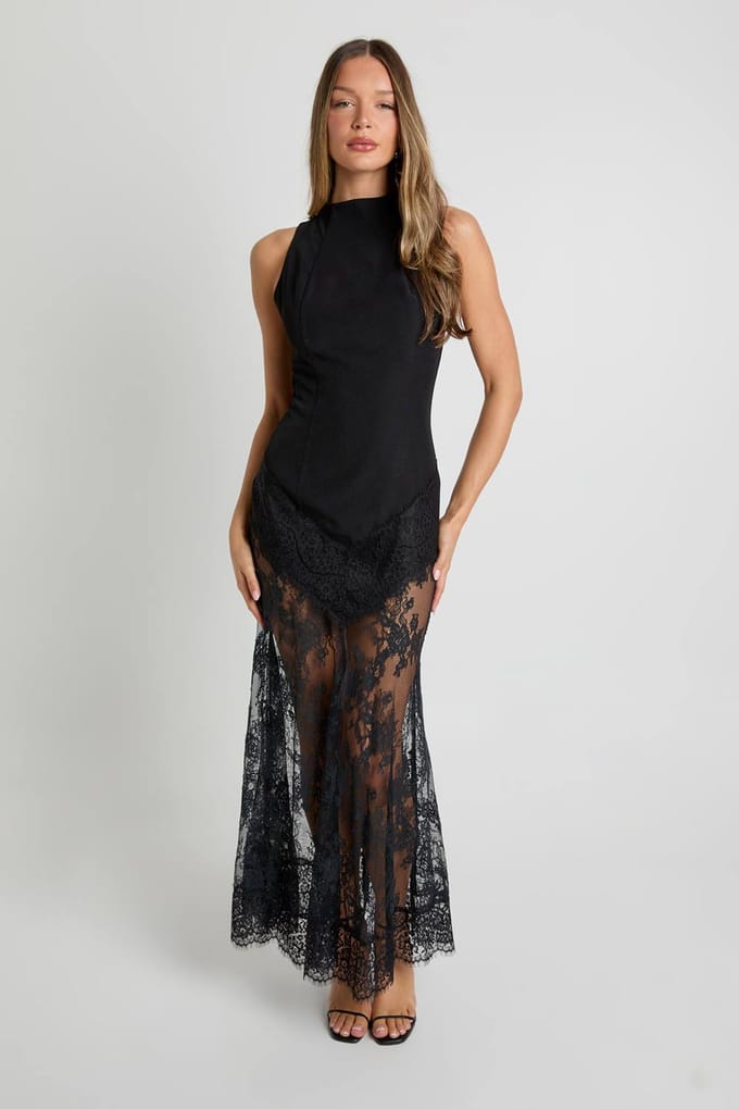 boohoo Dames Maxi jurk met kanten zoom | Zwart | Maat: 44