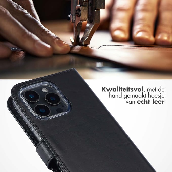 Selencia Hoesje - Geschikt voor Apple iPhone 16 Pro - Echt Lederen Bookcase - Zwart