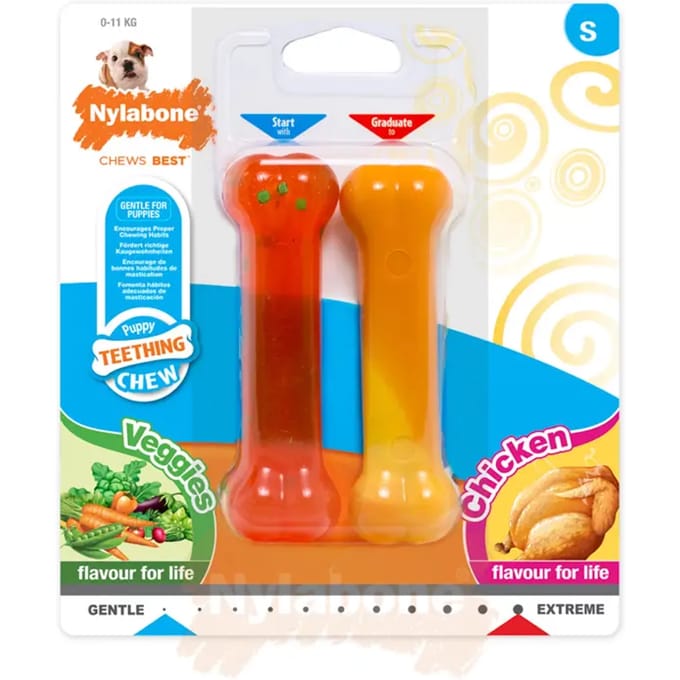 Set van 2 hondenspeeltjes Nylabone Puppy Extreme Chew - Chicken and Moderate Chew Veggies Flavour S