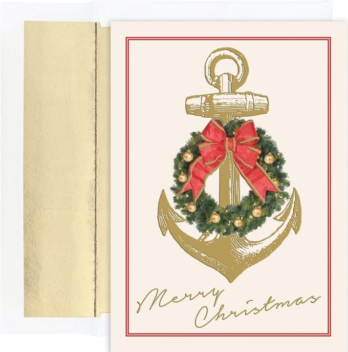 Nautische Kerstwensen - Set van 18 Kerstkaarten met Gouden Voering Enveloppen