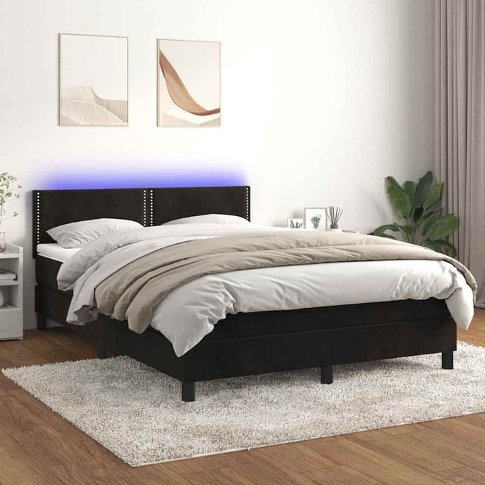 vidaXL - Boxspring - met - matras - en - LED - fluweel - zwart - 140x190 - cm