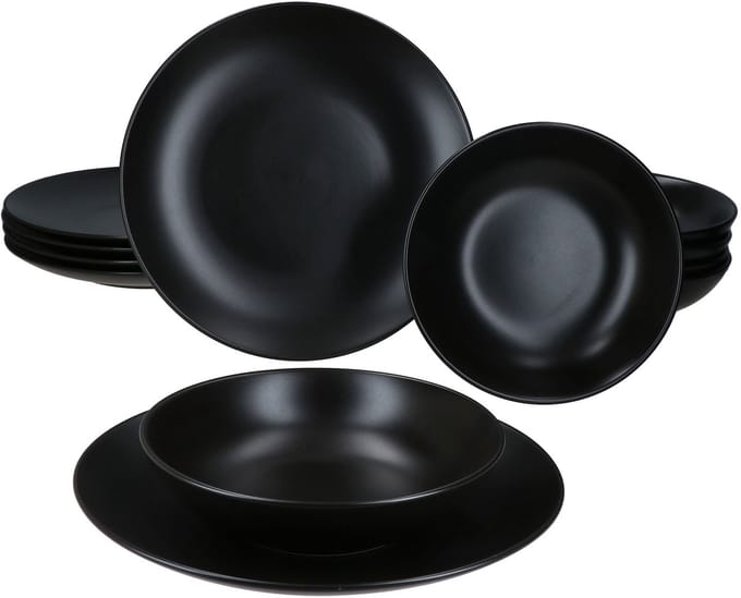 MamboCat 12-delig eetservies Panther mat zwart 6 personen steengoed