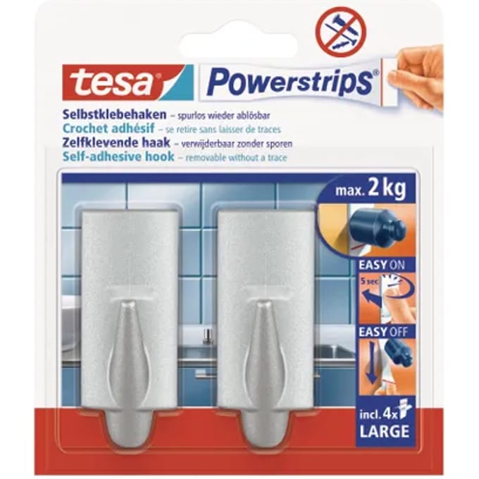 Tesa Powerstrips Zelfklevende Haak Grijs 2kg - 2 Stuks