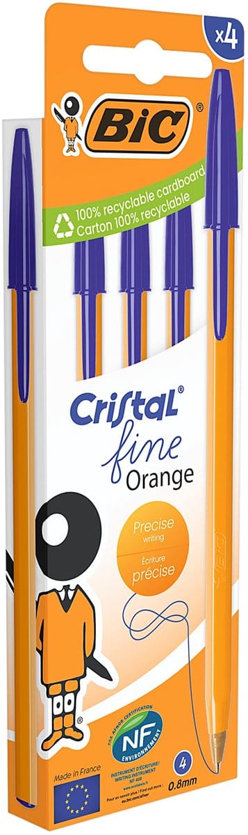 BIC Oranje Fine Cristal Blauwe Balpen Pennen - 4 Stuks