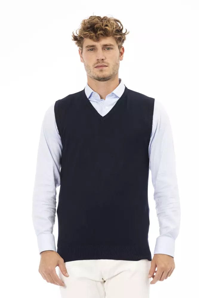 Alpha Studio Blauwe Viscose Heren V-hals Vest