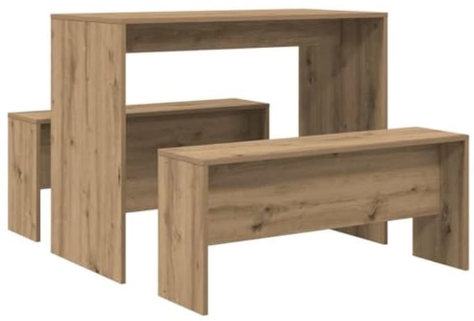 3-delig Eettafel en Bank Set van Bewerkt Hout