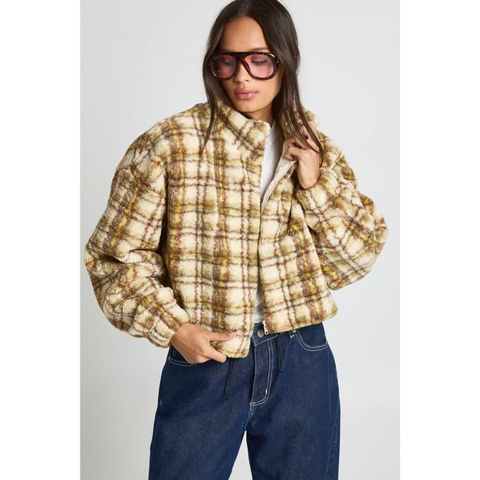 boohoo Dames Check Teddy Zip Bomberjack | Green | Maat: 14