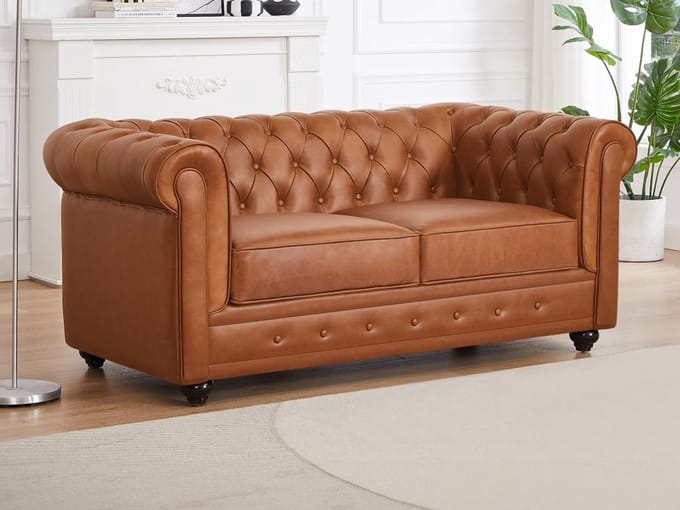 Vente-unique Tweezitsbank van camelkleurig vaarsleer CHESTERFIELD