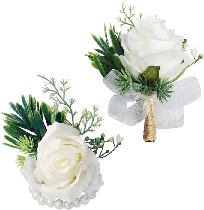 Polsbloemen en Corsage - Bruiloft Bloemen Set - Bruiloft Decoratie - Zijde Rozen - 2 stuks - Wit