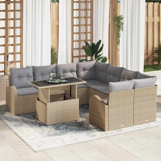 vidaXL Tuinbank Set met kussen met opslag 9 pcs Beige Poly Riet