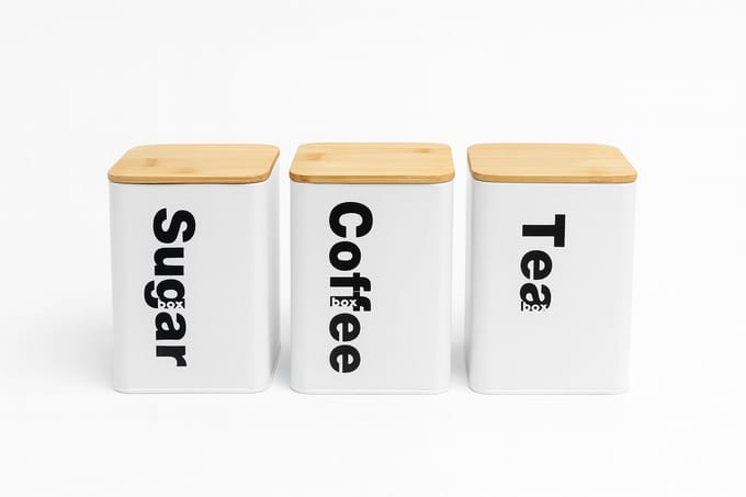 Kadirelli Voorraadbussen met Bamboe deksel - Koffie, Thee en Suiker - Wit