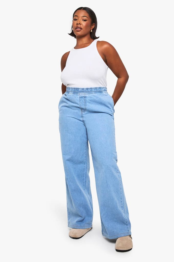 boohoo Dames Plus Elastische Taille Wijde Pijpen Jeans | Light Blue | Maat: 28