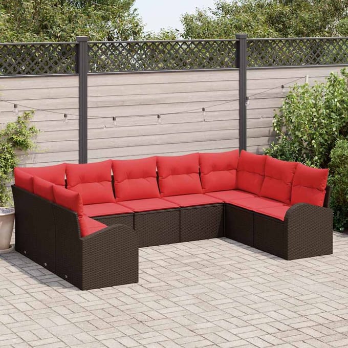 vidaXL - Tuinbank - Set - 9 - st - Bruin - en - Rood - poly - rattan