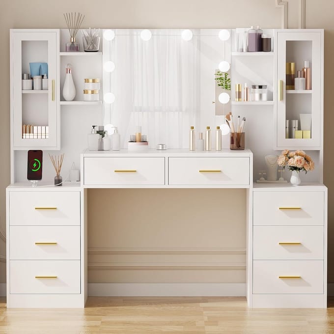 Grote kaptafel met Led-verlichting, moderne make-uptafel met spiegel en stopcontacten