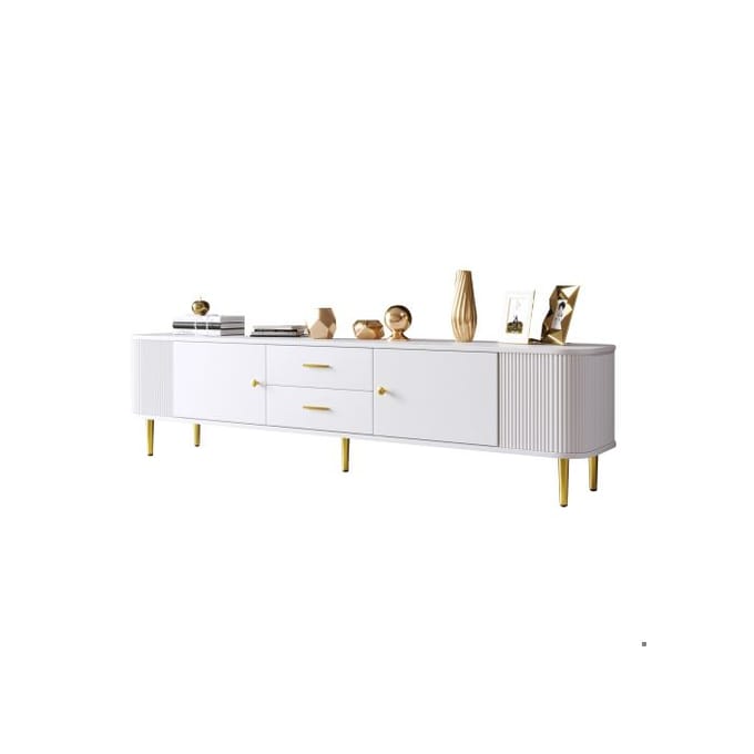 Meuble TV - MUVOE - Décontracté - Blanc et doré - 2 tiroirs - Design contemporain blanc