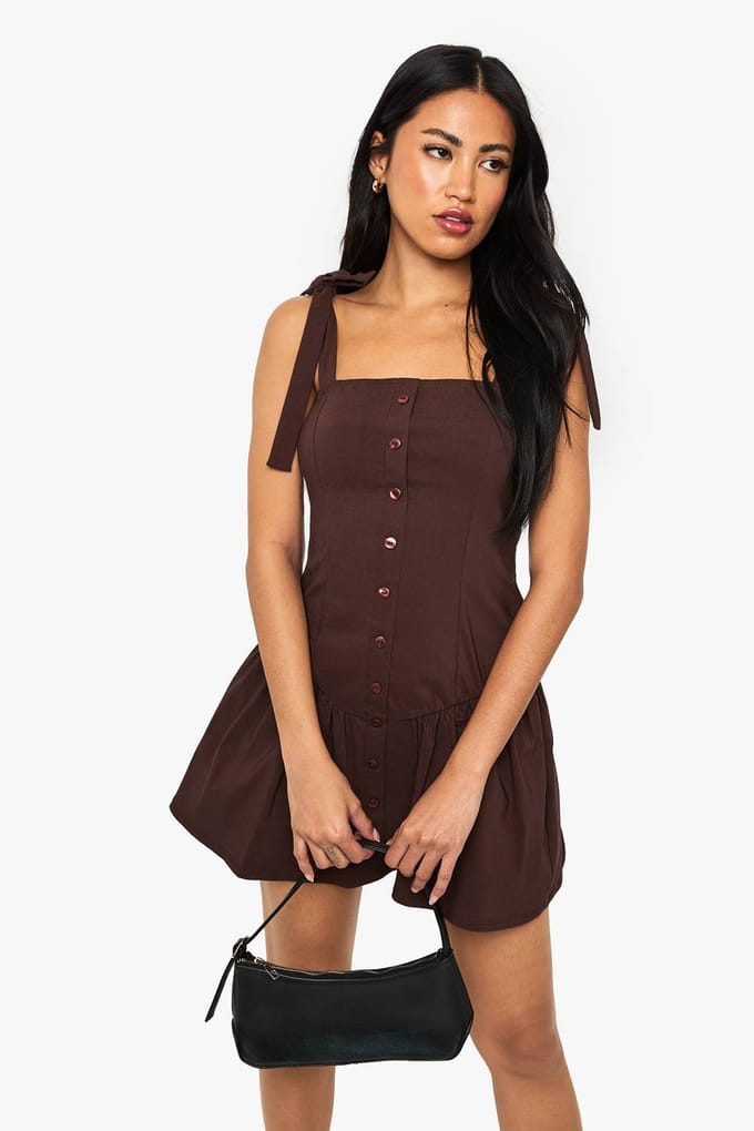 boohoo Dames Button Through Dropped Waist Mini Dress | Chocoladebruin | Maat: 40