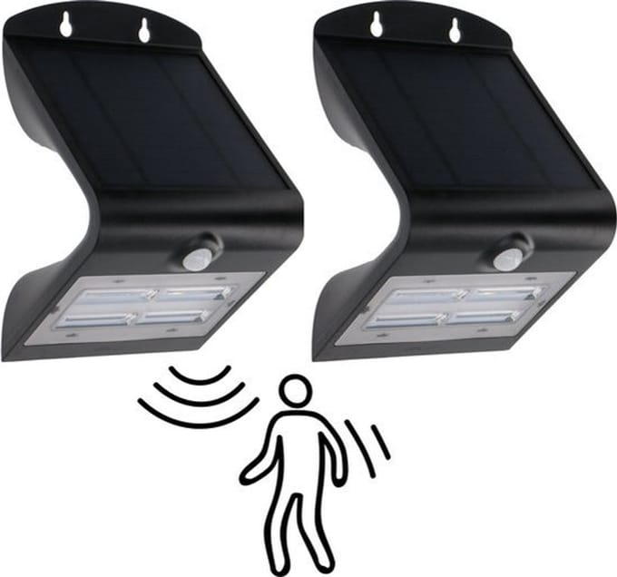 LED Solar buitenlamp met bewegingssensor & licht sensor - 400 lm - 2 x wandlamp zwart