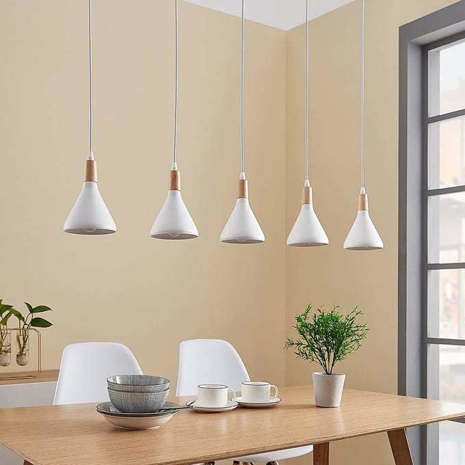 Lindby - hanglamp - 5lichts - Metaal, hout - H: 17 cm - E14 - wit, licht hout