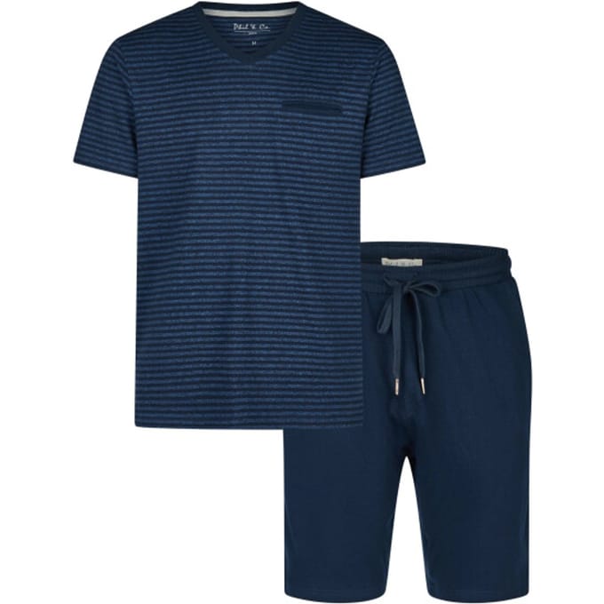 Phil & Co Essential Shortama Heren Korte Pyjama Set Blauw/Gestreept - Maat M