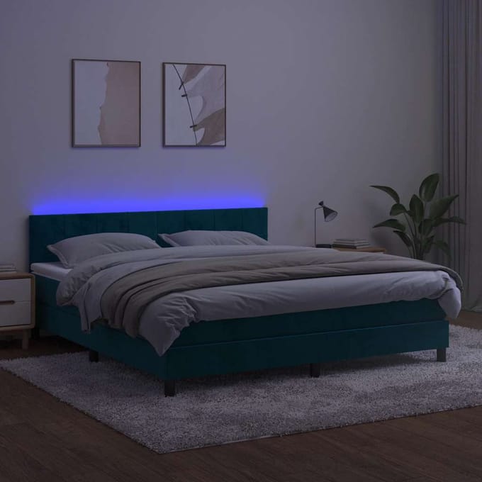 vidaXL - Boxspring - met - matras - en - LED - fluweel - donkerblauw - 160x200 - cm