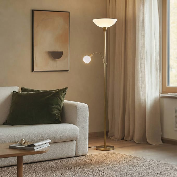 Lindby - vloerlamp - 2lichts - Metaal, glas - H: 182.5 cm - E27 - messing, wit, opaal wit