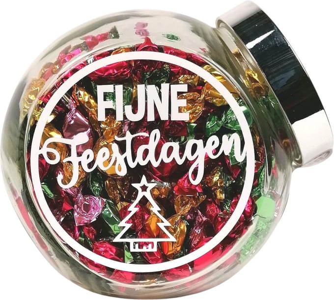 Kerst cadeau, Snoeppot, fruitzuurtjes "Fijne feestdagen"