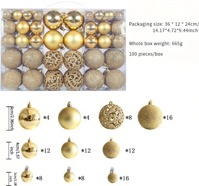 Livano Kerstballen - Kerstversiering - Plastic - Goud - Kerstballenset - 100 stuks