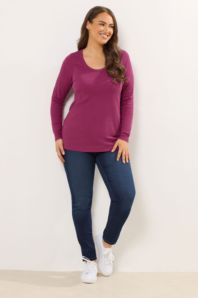 Yours Donkerroze Geribbelde Top Met Ronde Hals Size 48