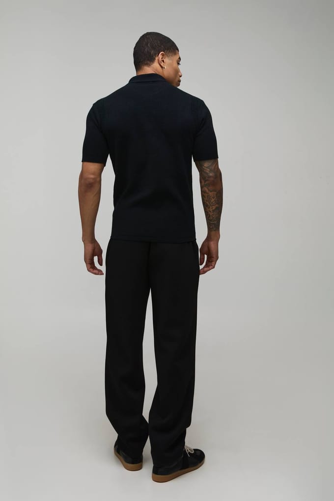 Essential Muscle Fit Soft Touch Knitted Polo T-Shirt | Black | Size Medium