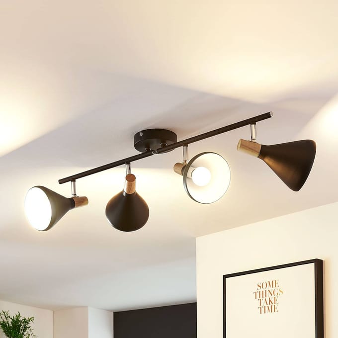 Lindby - buitenspot - 4lichts - Metaal, hout - H: 18 cm - E14 - zwart, licht hout